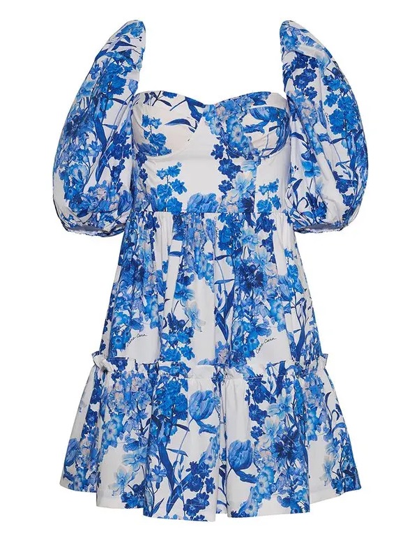 Cara Cara Blue Botanical Puff Sleeve Mini Dress | Size 4 | 100% Cotton